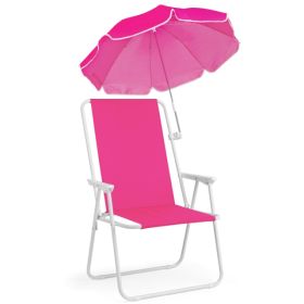 1 Pack Folding Beach Chair With Umbrella, XL Size, 15inch Seat Height, Pink, Steel Spring Chair With Cross Bar, Oxford Cloth, 120kg Capacity