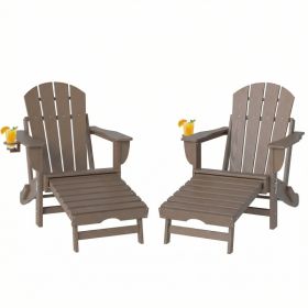 Folding Adirondack Chair Set of 2, HDPE Fire Pit Chair with Retractable Ottoman and Cup Holder, Brown